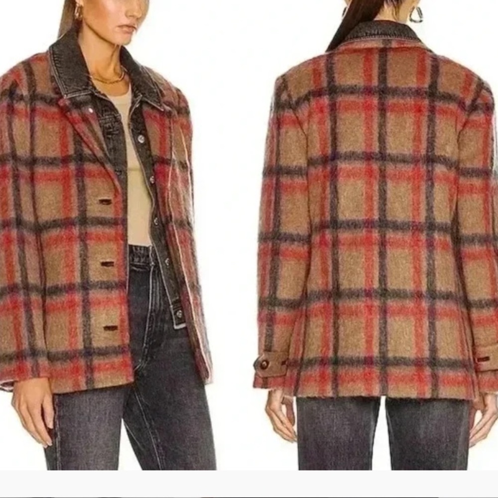 Jonathan Simkhai Grace Plaid Jacket With Denim Trucker Insert In Camel/Red/Blk